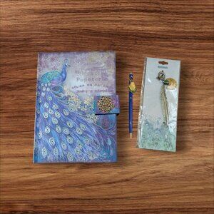 Punch Studio Peacock-Themed Journal 208 + Pages Pen & Metal Bookmark set Gift  n